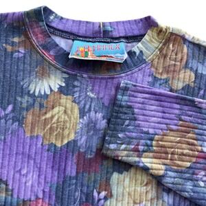 LA Annex Women's M Purple Floral Roses Ribbed Long Sleeves Oversized Top VTG Y2K